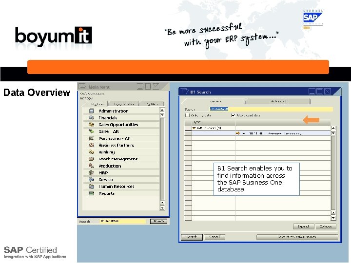 Data Overview Quick and Easy Costumization Enhancement Modules On-Site Development B 1 Search enables