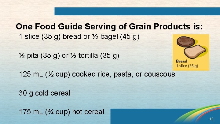 One Food Guide Serving of Grain Products is: 1 slice (35 g) bread or