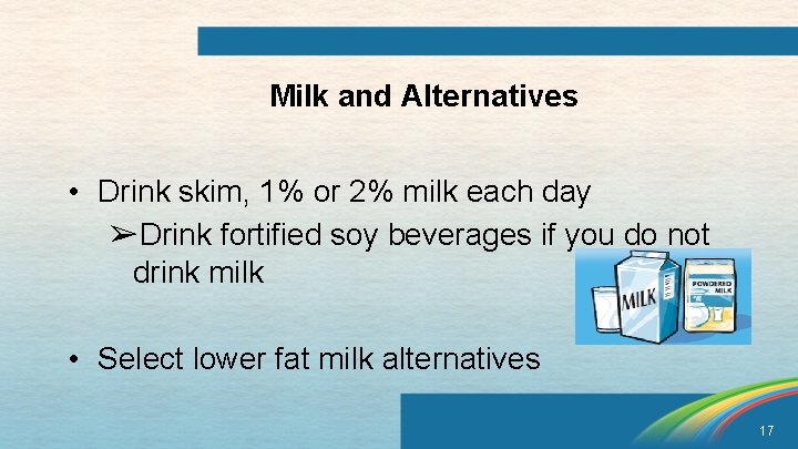 Milk and Alternatives • Drink skim, 1% or 2% milk each day ➢Drink fortified