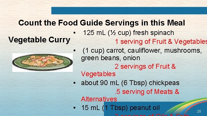 Count the Food Guide Servings in this Meal • 125 m. L (½ cup)