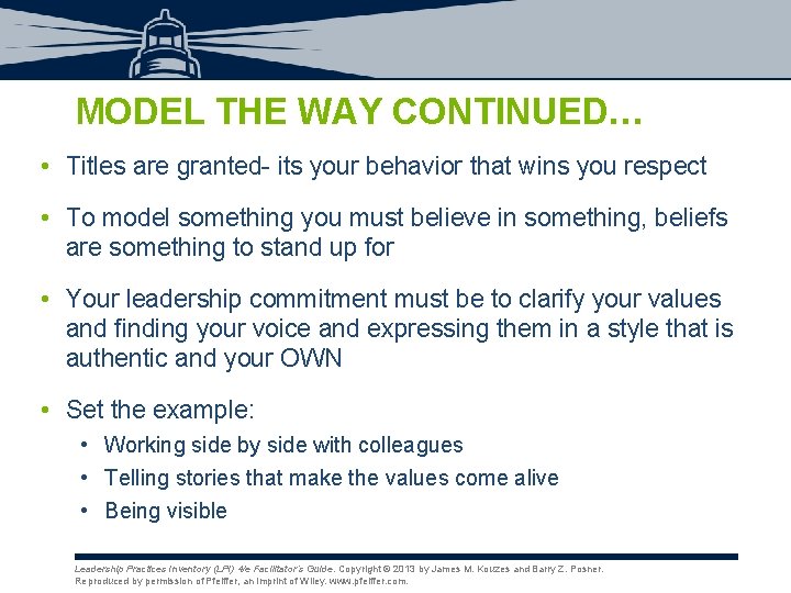 MODEL THE WAY CONTINUED… • Titles are granted- its your behavior that wins you MODEL THE WAY CONTINUED… • Titles are granted- its your behavior that wins you