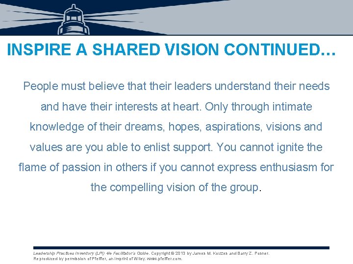 INSPIRE A SHARED VISION CONTINUED… People must believe that their leaders understand their needs INSPIRE A SHARED VISION CONTINUED… People must believe that their leaders understand their needs