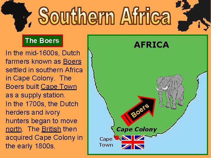 The Boers In the mid-1600 s, Dutch farmers known as Boers settled in southern