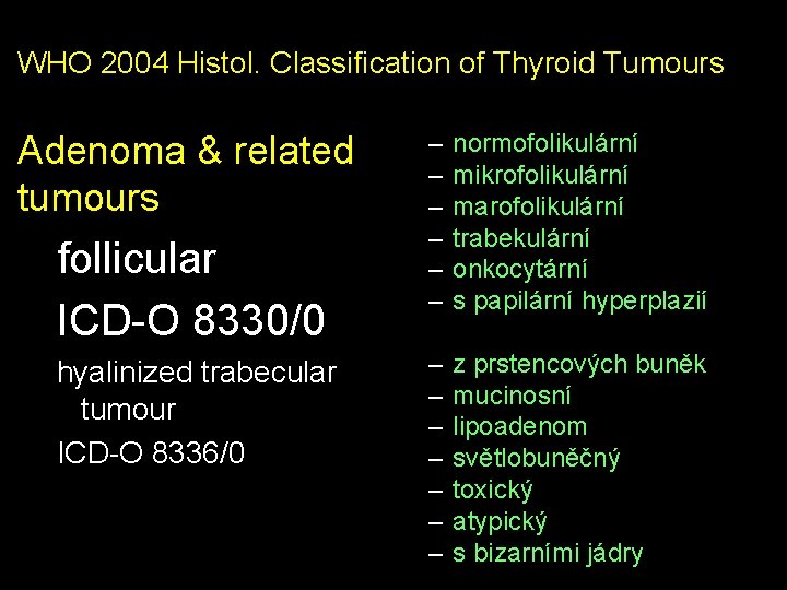 WHO 2004 Histol. Classification of Thyroid Tumours Adenoma & related tumours follicular ICD-O 8330/0