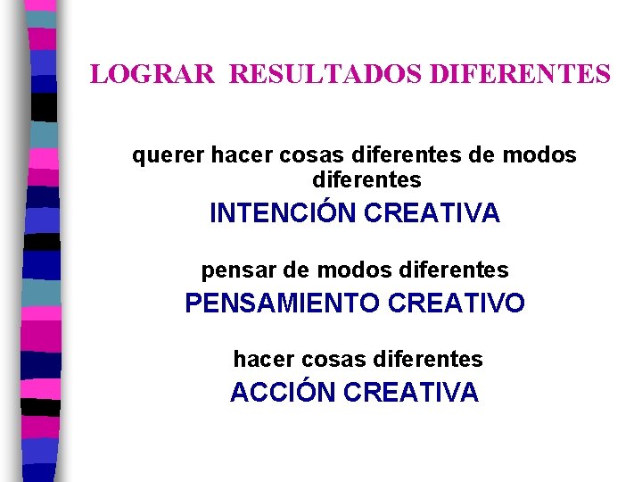 LOGRAR RESULTADOS DIFERENTES querer hacer cosas diferentes de modos diferentes INTENCIÓN CREATIVA pensar de