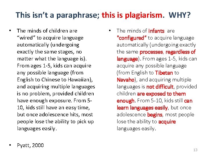 This isn’t a paraphrase; this is plagiarism. WHY? • The minds of children are