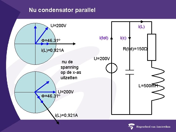 Nu condensator parallel U=200 V i(L) i(tot) Φ=46, 31º R(tot)=150Ώ i(L)=0, 921 A nu