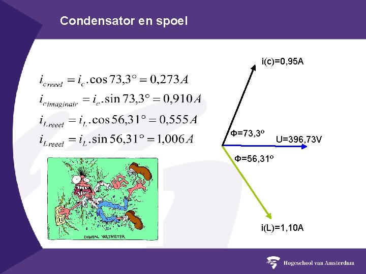 Condensator en spoel i(c)=0, 95 A Φ=73, 3º U=396, 73 V Φ=56, 31º i(L)=1,