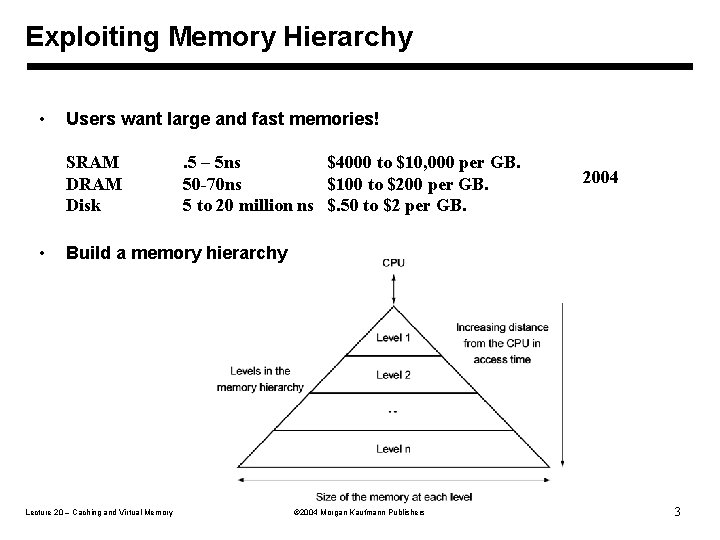 Exploiting Memory Hierarchy • Users want large and fast memories! SRAM Disk • .