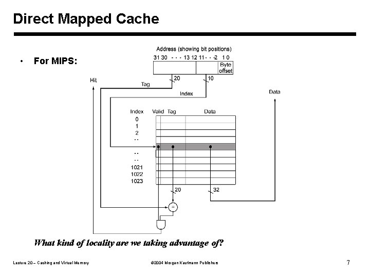 Direct Mapped Cache • For MIPS: What kind of locality are we taking advantage