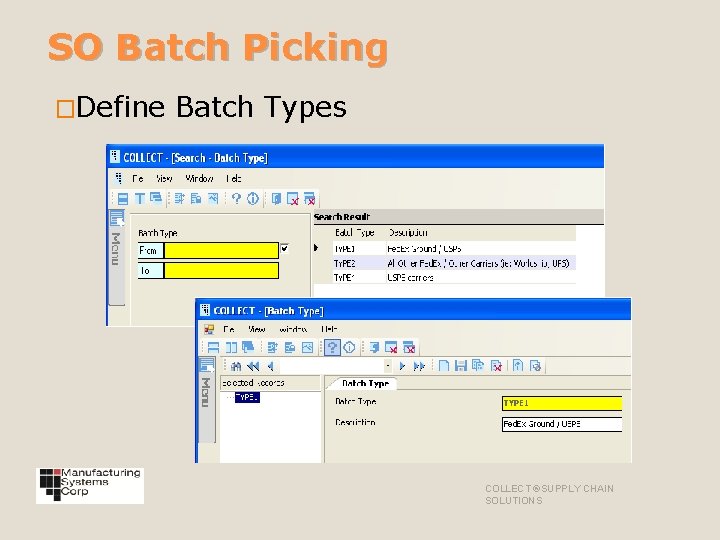 SO Batch Picking �Define Batch Types COLLECT ®SUPPLY CHAIN SOLUTIONS 