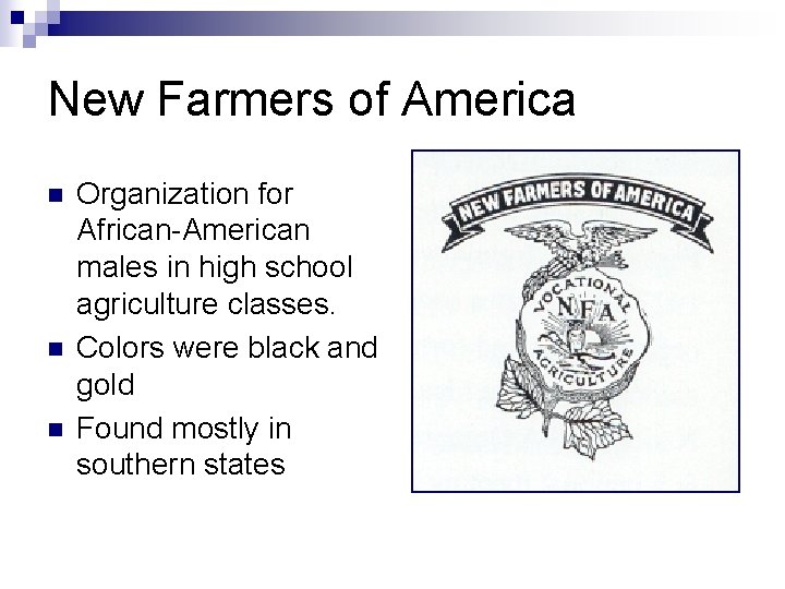 New Farmers of America n n n Organization for African-American males in high school