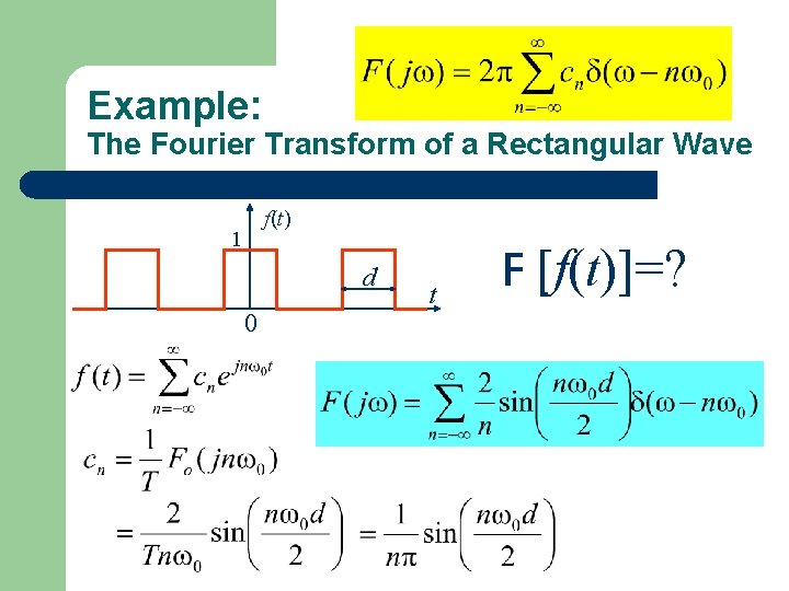 Example: The Fourier Transform of a Rectangular Wave f(t) 1 d 0 t F