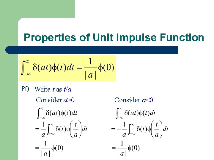 Properties of Unit Impulse Function Pf) Write t as t/a Consider a>0 Consider a<0