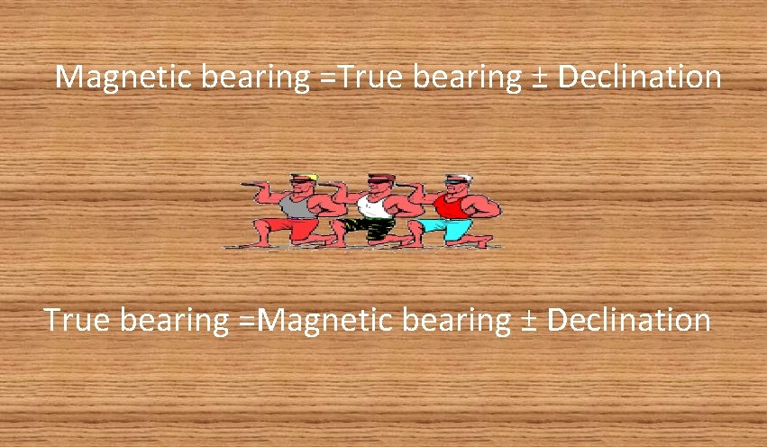 Magnetic bearing =True bearing ± Declination True bearing =Magnetic bearing ± Declination 