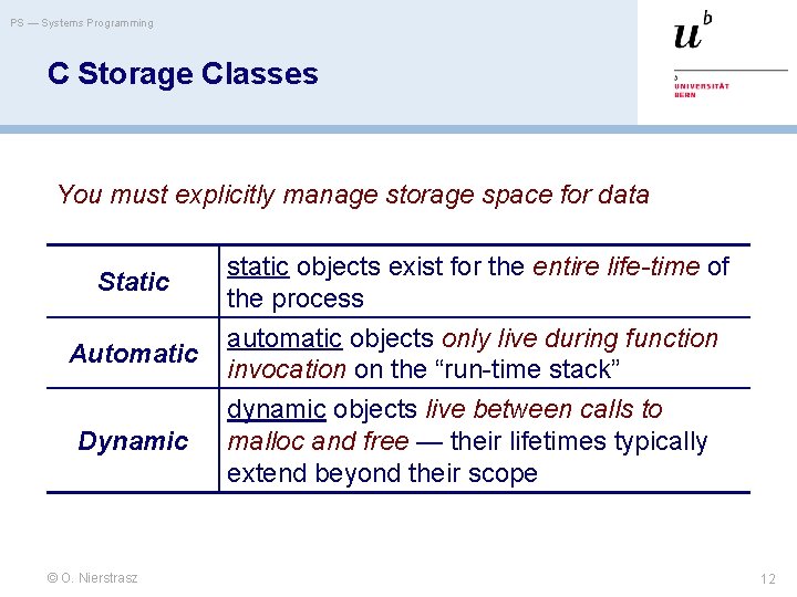 PS — Systems Programming C Storage Classes You must explicitly manage storage space for