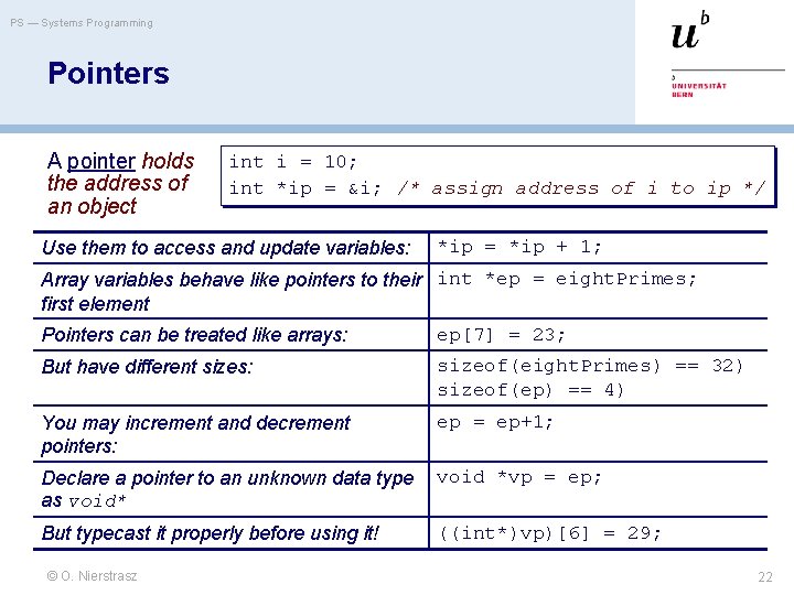 PS — Systems Programming Pointers A pointer holds the address of an object int