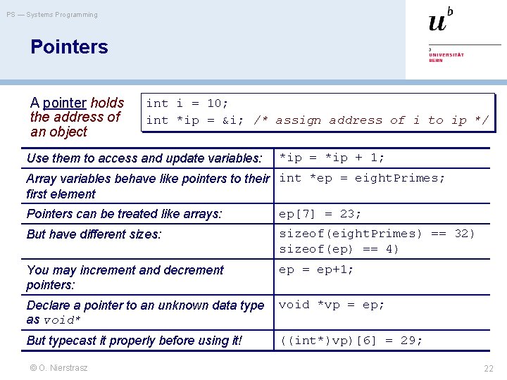 PS — Systems Programming Pointers A pointer holds the address of an object int PS — Systems Programming Pointers A pointer holds the address of an object int