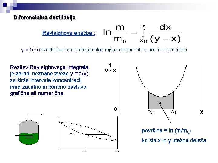 Diferencialna destilacija Rayleighova enačba : y = f (x) ravnotežne koncentracije hlapnejše komponente v