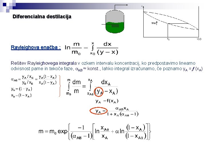 Diferencialna destilacija Rayleighova enačba : Rešitev Rayleighovega integrala v ozkem intervalu koncentracij, ko predpostavimo