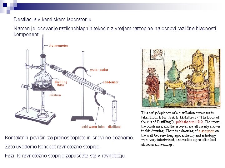 Destilacija v kemijskem laboratoriju: Namen je ločevanje različnohlapnih tekočin z vretjem ratzopine na osnovi