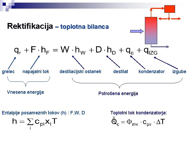 Rektifikacija – toplotna bilanca grelec napajalni tok destilacijski ostanek Vnesena energija Entalpije posameznih tokov