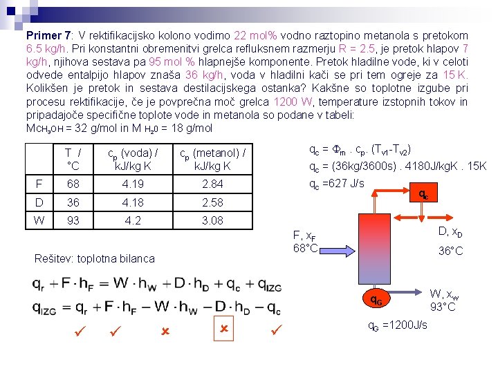 Primer 7: V rektifikacijsko kolono vodimo 22 mol% vodno raztopino metanola s pretokom 6.