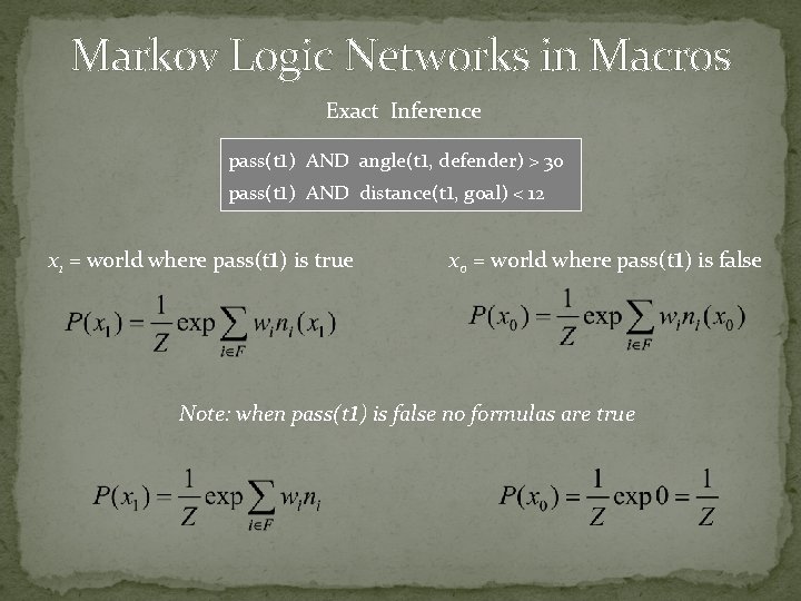 Markov Logic Networks in Macros Exact Inference pass(t 1) AND angle(t 1, defender) >