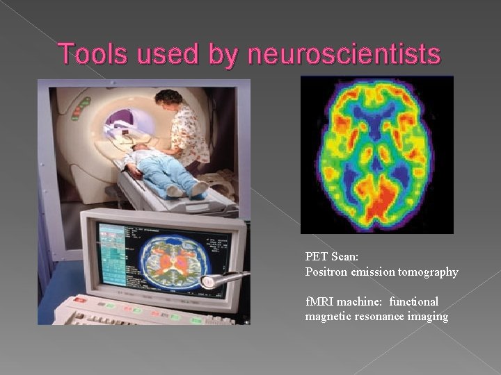 Tools used by neuroscientists PET Scan: Positron emission tomography f. MRI machine: functional magnetic