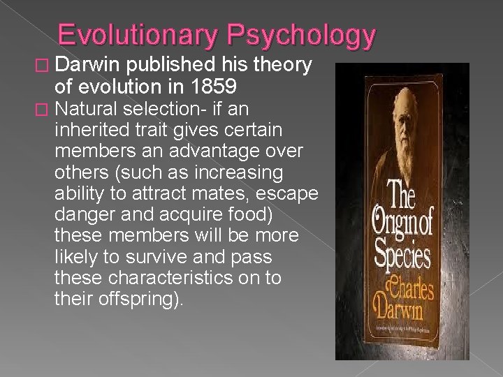 Evolutionary Psychology � Darwin published his theory of evolution in 1859 � Natural selection-