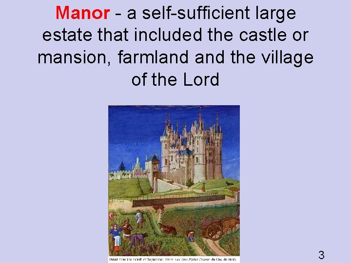 Manor - a self-sufficient large estate that included the castle or mansion, farmland the