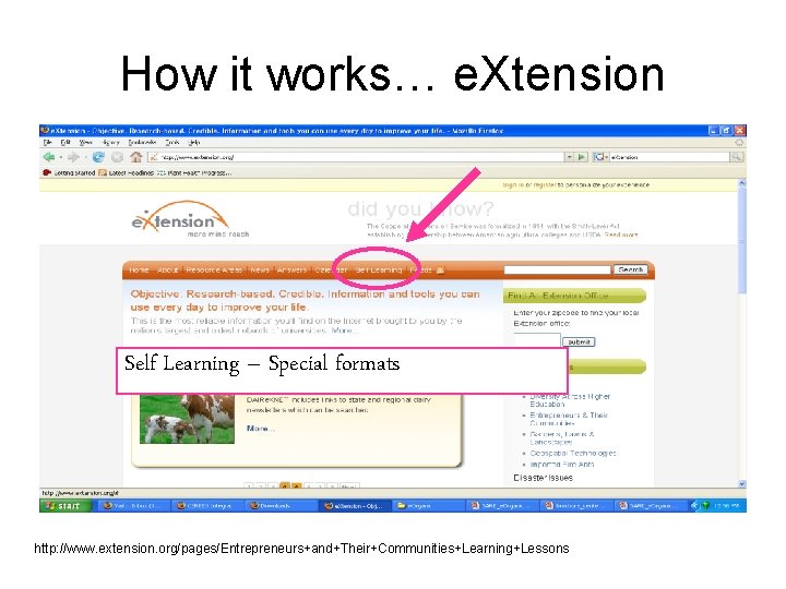 How it works… e. Xtension Self Learning – Special formats http: //www. extension. org/pages/Entrepreneurs+and+Their+Communities+Learning+Lessons
