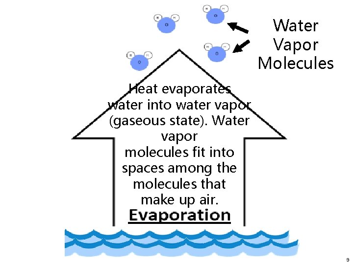 Water Vapor Molecules Heat evaporates water into water vapor (gaseous state). Water vapor molecules
