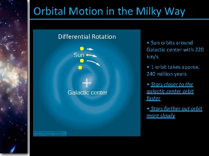 Orbital Motion in the Milky Way Differential Rotation • Sun orbits around Galactic center