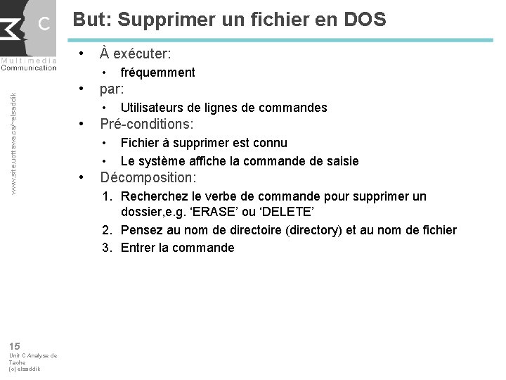 But: Supprimer un fichier en DOS • À exécuter: www. site. uottawa. ca/~elsaddik •