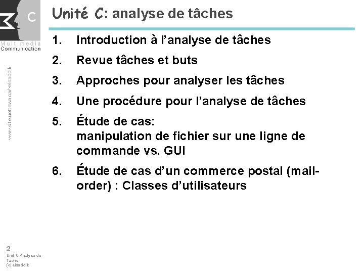 www. site. uottawa. ca/~elsaddik Unité C: analyse de tâches 2 Unit C Analyse de