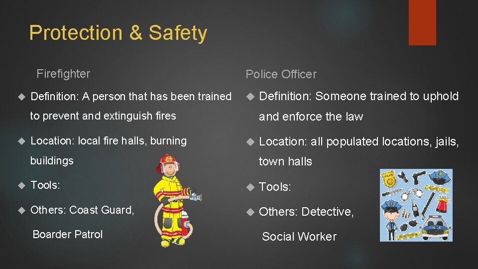 Protection & Safety Firefighter Definition: A person that has been trained Police Officer and