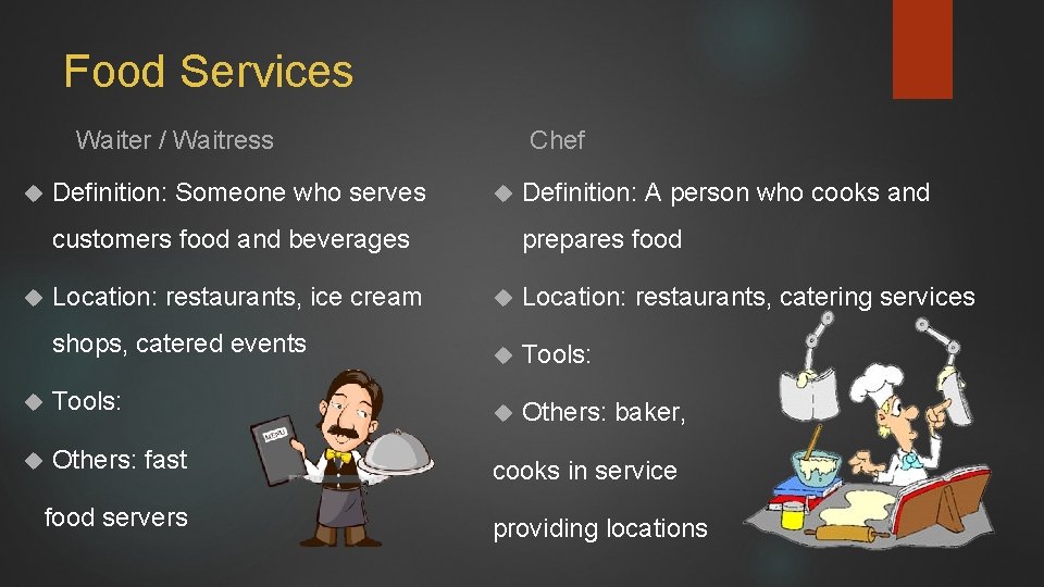 Food Services Waiter / Waitress Definition: Someone who serves Chef customers food and beverages