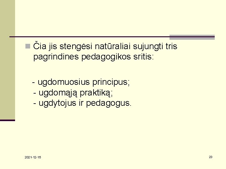 n Čia jis stengėsi natūraliai sujungti tris pagrindines pedagogikos sritis: - ugdomuosius principus; -