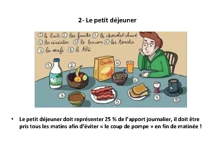 2 - Le petit déjeuner • Le petit déjeuner doit représenter 25 % de