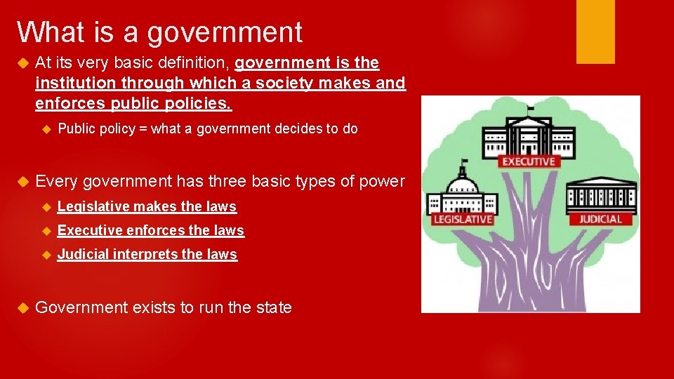 What is a government At its very basic definition, government is the institution through