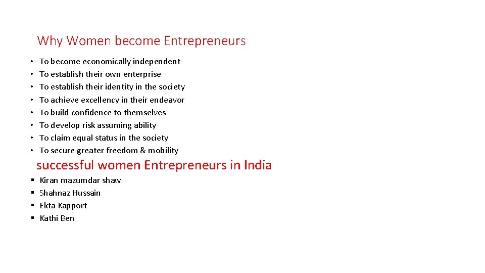 Why Women become Entrepreneurs • • To become economically independent To establish their own