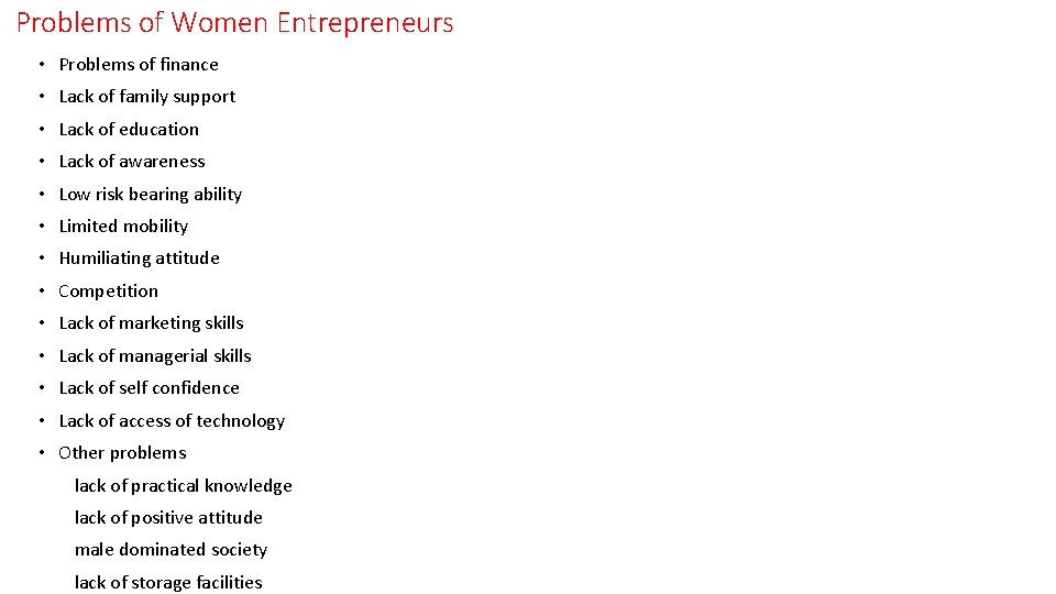 Problems of Women Entrepreneurs • Problems of finance • Lack of family support •