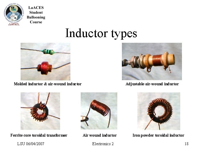 Inductor types Molded inductor & air-wound inductor Ferrite core toroidal transformer LSU 06/04/2007 Adjustable Inductor types Molded inductor & air-wound inductor Ferrite core toroidal transformer LSU 06/04/2007 Adjustable