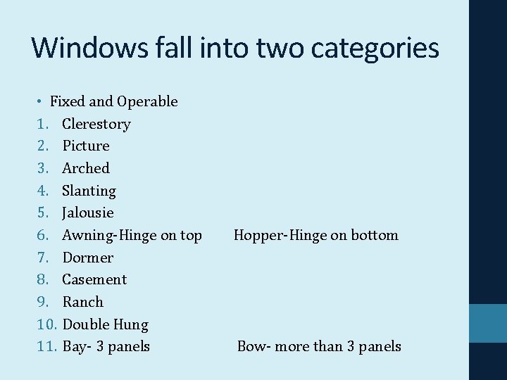 Windows fall into two categories • Fixed and Operable 1. Clerestory 2. Picture 3.