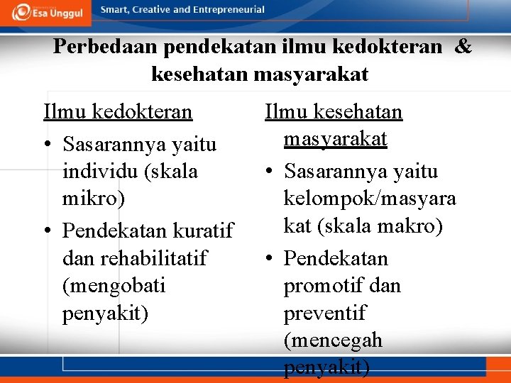 Perbedaan pendekatan ilmu kedokteran & kesehatan masyarakat Ilmu kedokteran • Sasarannya yaitu individu (skala