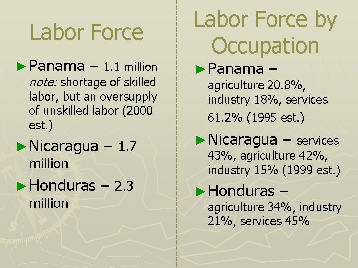Labor Force ► Panama – 1. 1 million note: shortage of skilled labor, but