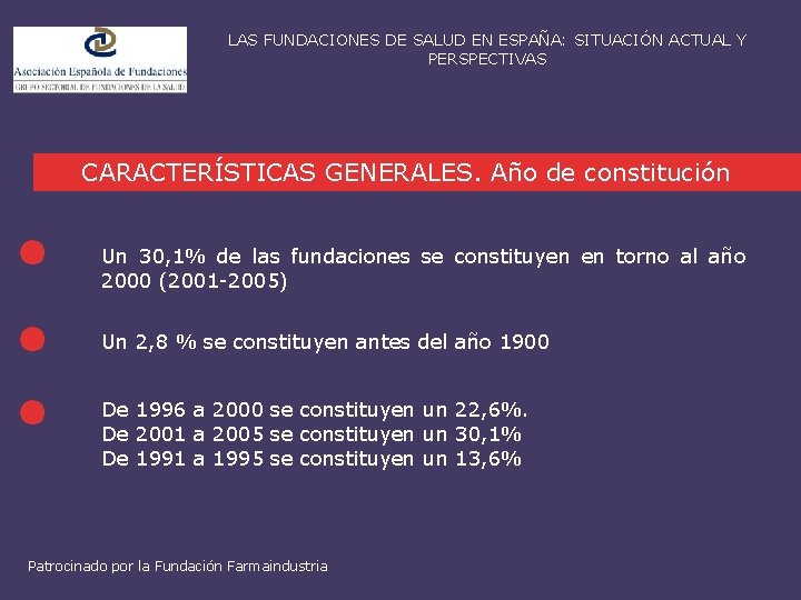 LAS FUNDACIONES DE SALUD EN ESPAÑA: SITUACIÓN ACTUAL Y PERSPECTIVAS CARACTERÍSTICAS GENERALES. Año de