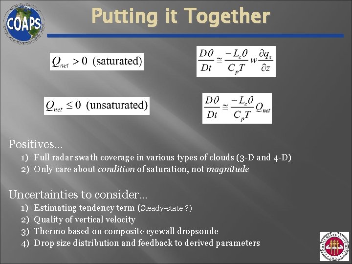 Putting it Together Positives… 1) Full radar swath coverage in various types of clouds Putting it Together Positives… 1) Full radar swath coverage in various types of clouds