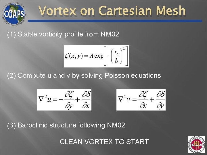 Vortex on Cartesian Mesh (1) Stable vorticity profile from NM 02 (2) Compute u Vortex on Cartesian Mesh (1) Stable vorticity profile from NM 02 (2) Compute u